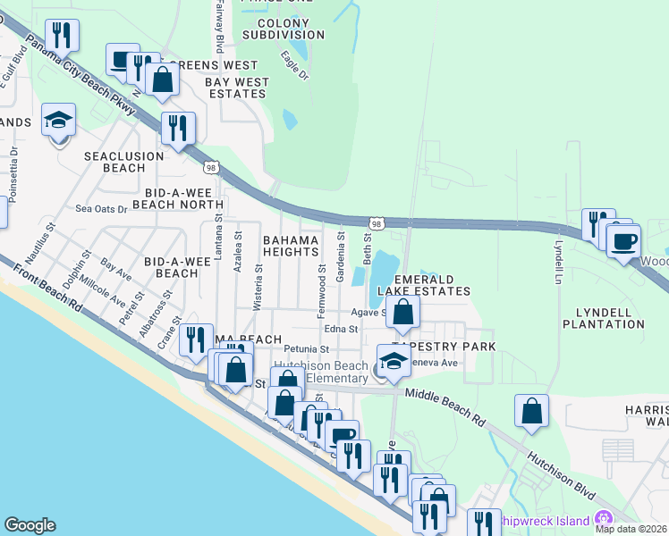 map of restaurants, bars, coffee shops, grocery stores, and more near 112 Gardenia Street in Panama City Beach