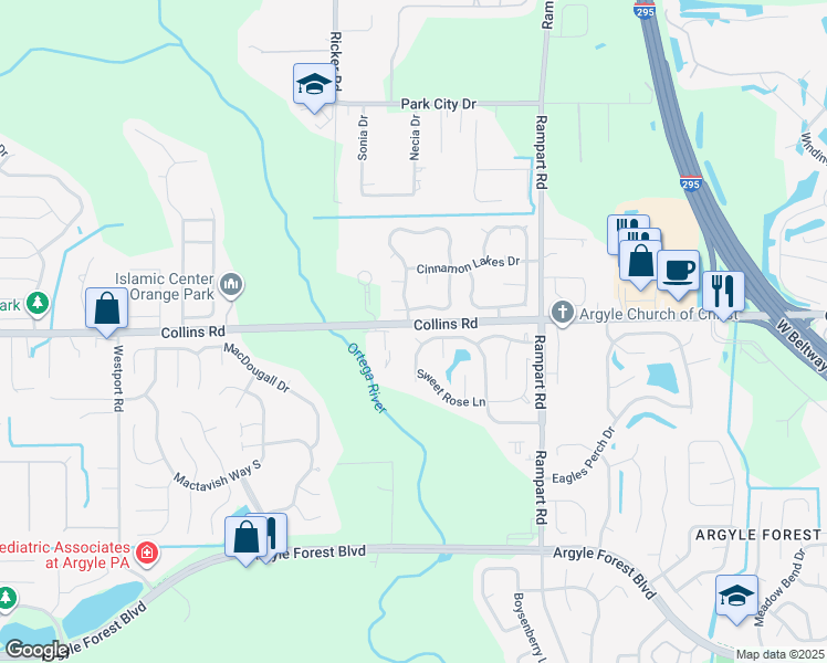 map of restaurants, bars, coffee shops, grocery stores, and more near 7461 Sugar Plum Lane in Jacksonville