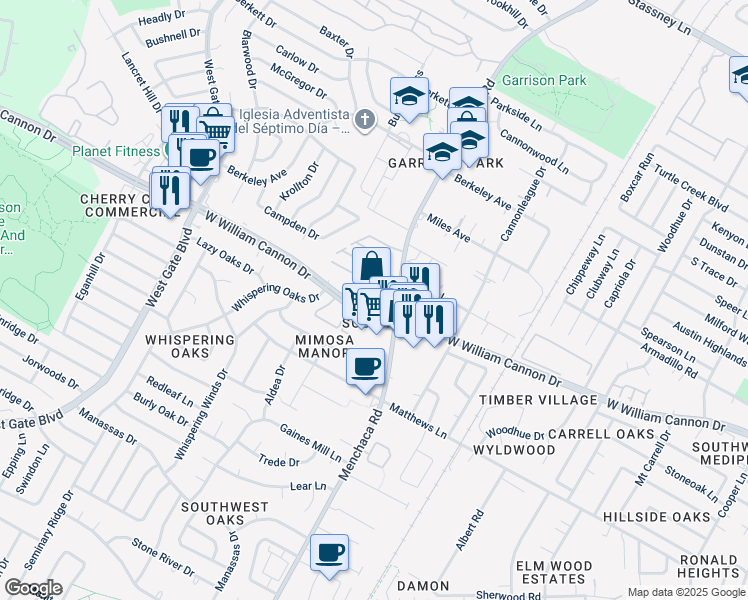 map of restaurants, bars, coffee shops, grocery stores, and more near 2100 West William Cannon Drive in Austin