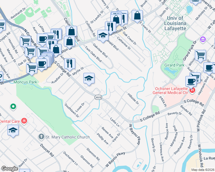 map of restaurants, bars, coffee shops, grocery stores, and more near 218 Irene Cir in Lafayette