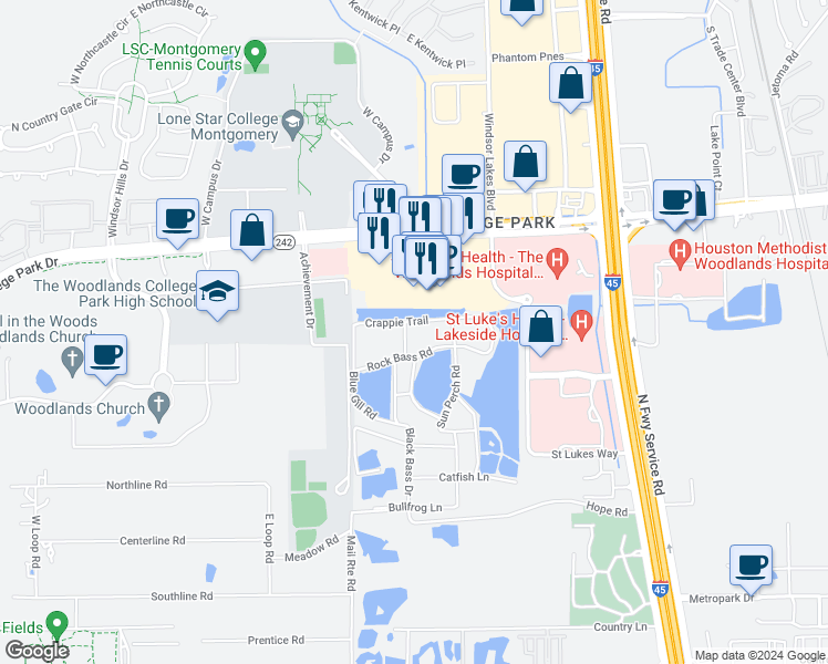 map of restaurants, bars, coffee shops, grocery stores, and more near 625 Crappie Trail in Conroe