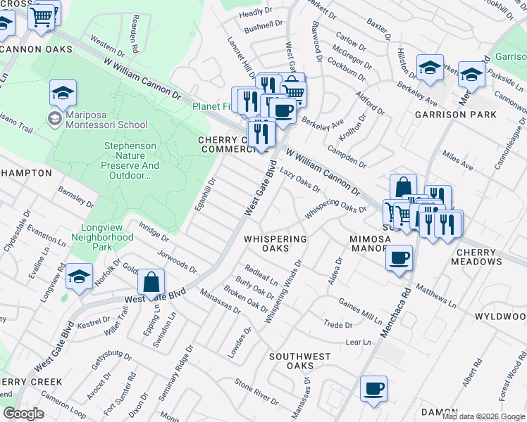 map of restaurants, bars, coffee shops, grocery stores, and more near 7202 Towering Oaks Drive in Austin
