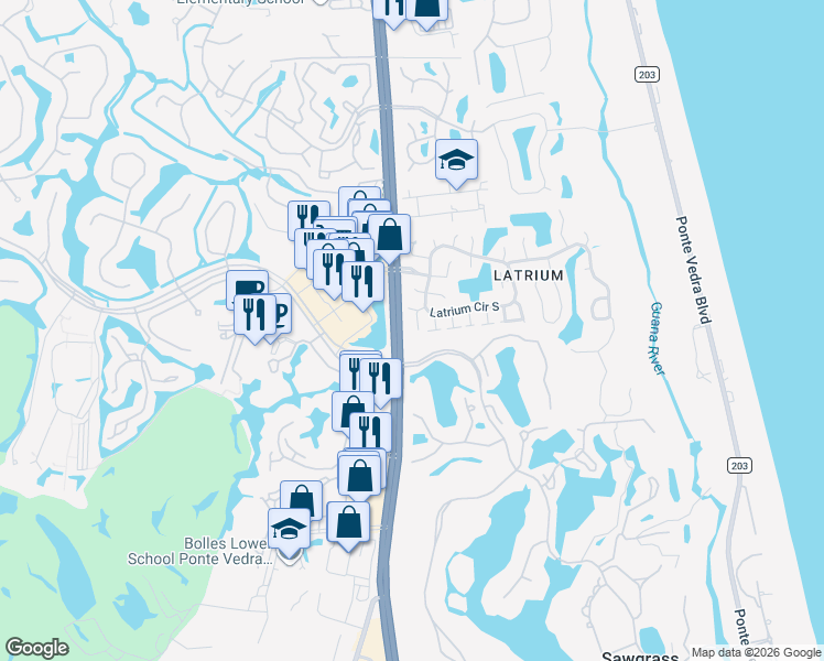 map of restaurants, bars, coffee shops, grocery stores, and more near 2619 Saint Noelle Court in Ponte Vedra Beach