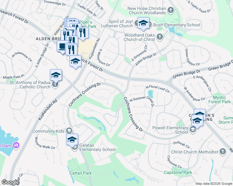 map of restaurants, bars, coffee shops, grocery stores, and more near 9310 Cochrans Crossing Drive in Spring
