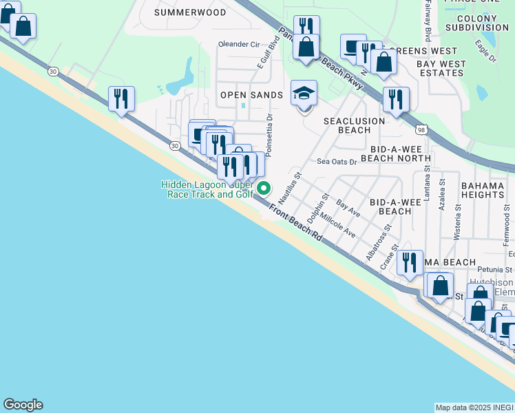 map of restaurants, bars, coffee shops, grocery stores, and more near 14415 Front Beach Road in Panama City Beach