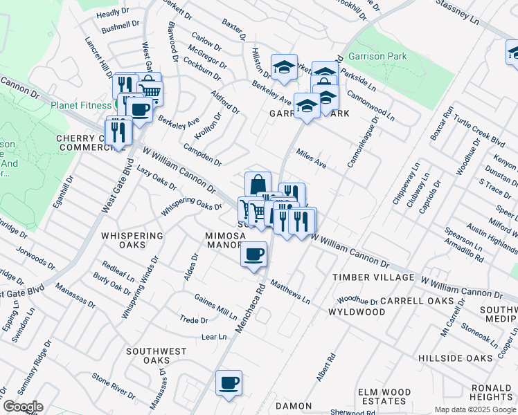 map of restaurants, bars, coffee shops, grocery stores, and more near 2100 West William Cannon Drive in Austin