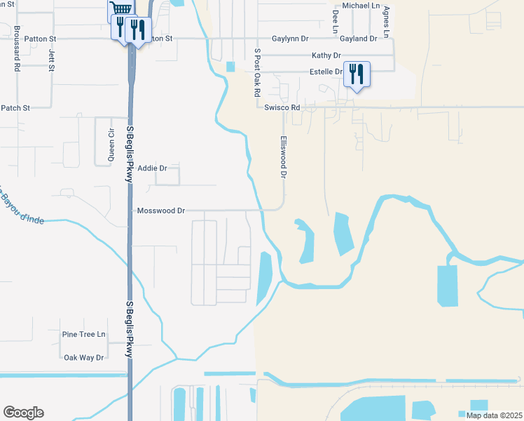 map of restaurants, bars, coffee shops, grocery stores, and more near Mosswood Road in Sulphur