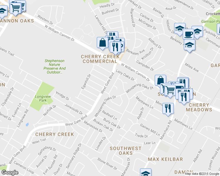 map of restaurants, bars, coffee shops, grocery stores, and more near 7204 Towering Oaks Drive in Austin