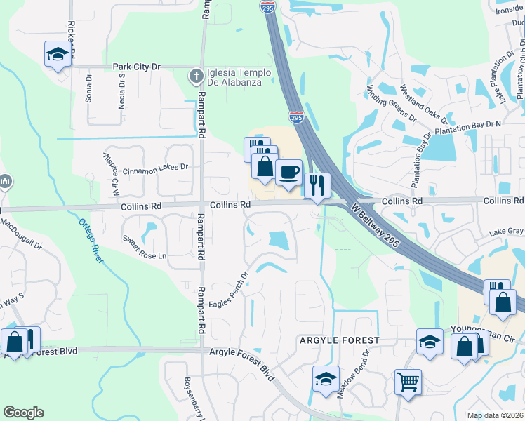 map of restaurants, bars, coffee shops, grocery stores, and more near 7049 Swamp Flower Drive in Jacksonville