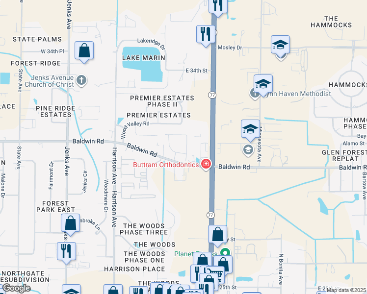 map of restaurants, bars, coffee shops, grocery stores, and more near 631 East Baldwin Road in Panama City
