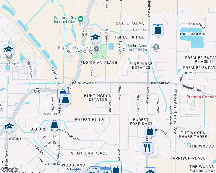 map of restaurants, bars, coffee shops, grocery stores, and more near 3026 Malone Dr in Panama City