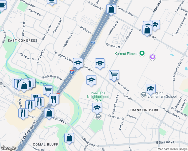 map of restaurants, bars, coffee shops, grocery stores, and more near 5015 South Interstate 35 Frontage Road in Austin