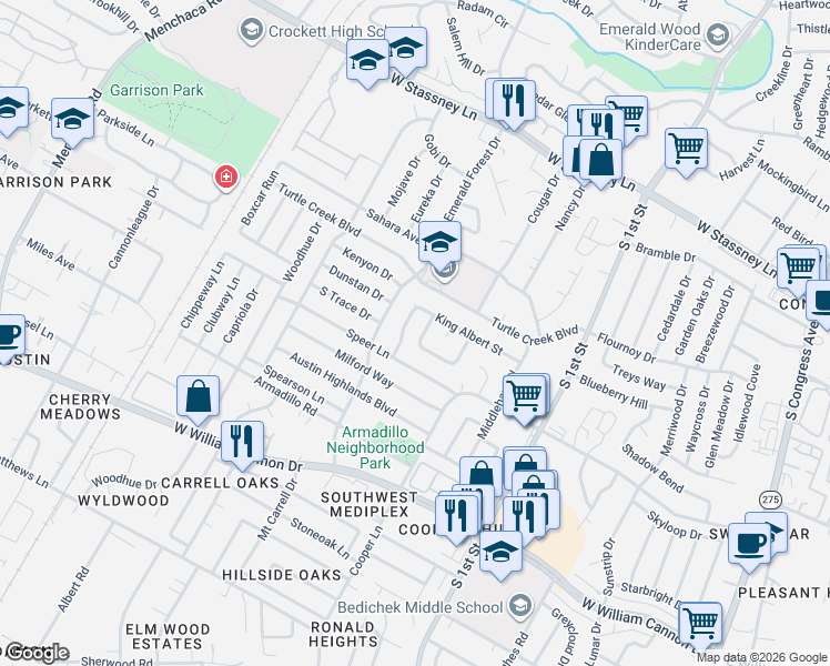 map of restaurants, bars, coffee shops, grocery stores, and more near 6302 Okner Lane in Austin