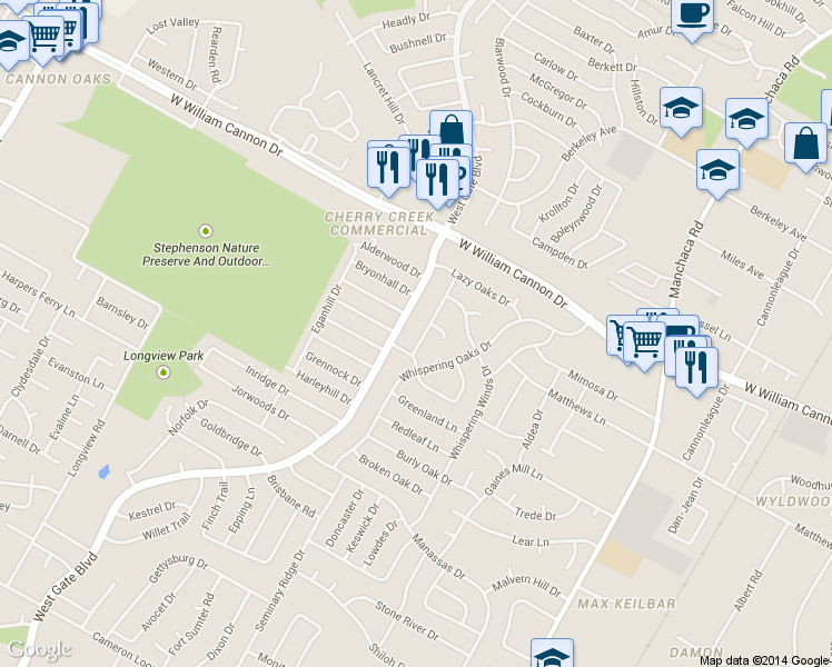 map of restaurants, bars, coffee shops, grocery stores, and more near 7202 Towering Oaks Drive in Austin