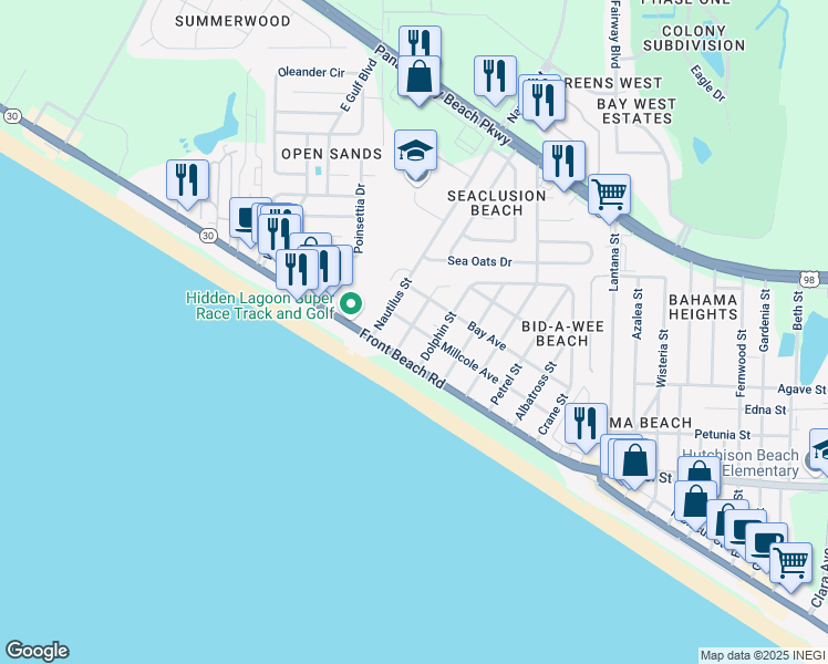 map of restaurants, bars, coffee shops, grocery stores, and more near 601 Anemone Street in Panama City Beach