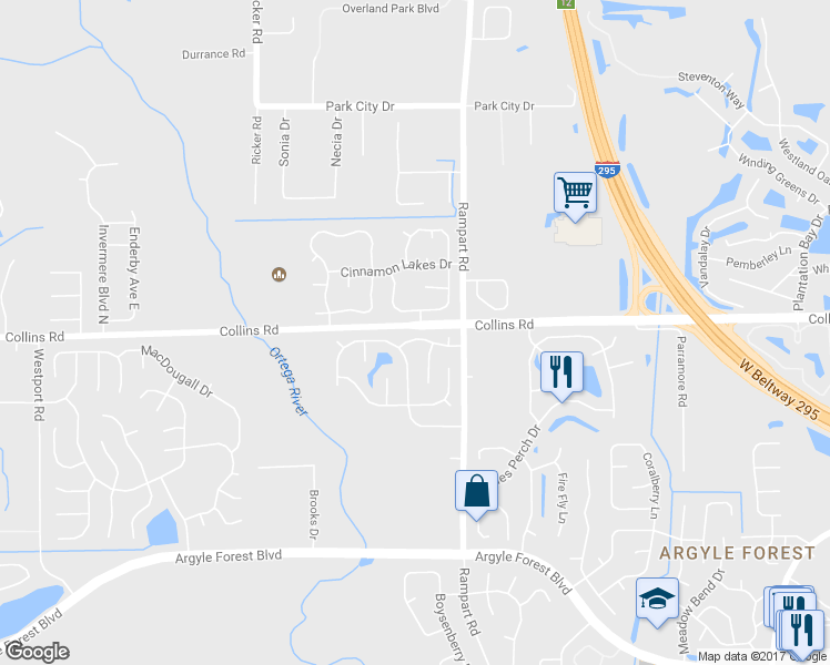 map of restaurants, bars, coffee shops, grocery stores, and more near 7355 Sweet Pea Trail in Jacksonville
