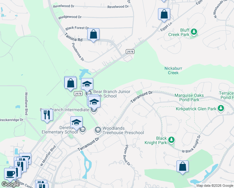 map of restaurants, bars, coffee shops, grocery stores, and more near 14 Pawprint Place in The Woodlands