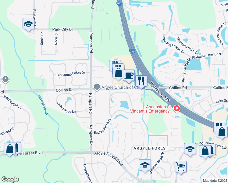map of restaurants, bars, coffee shops, grocery stores, and more near 7103 Swamp Flower Drive North in Jacksonville