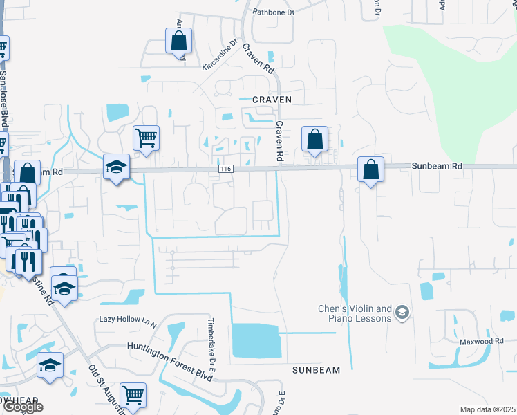 map of restaurants, bars, coffee shops, grocery stores, and more near 9575 Amarante Circle in Jacksonville