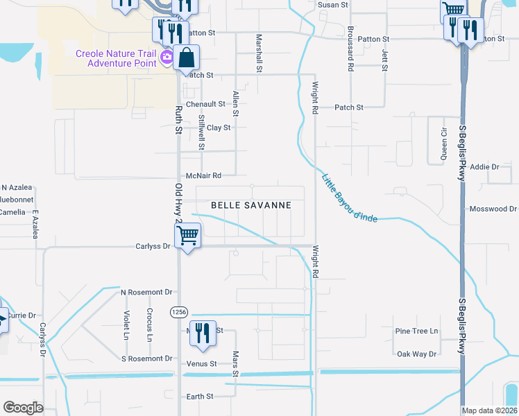 map of restaurants, bars, coffee shops, grocery stores, and more near 321 Long Hill Drive in Sulphur