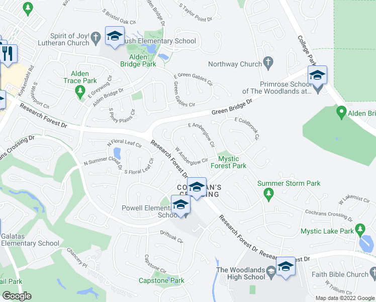 map of restaurants, bars, coffee shops, grocery stores, and more near 47 North Dragonwood Place in Spring
