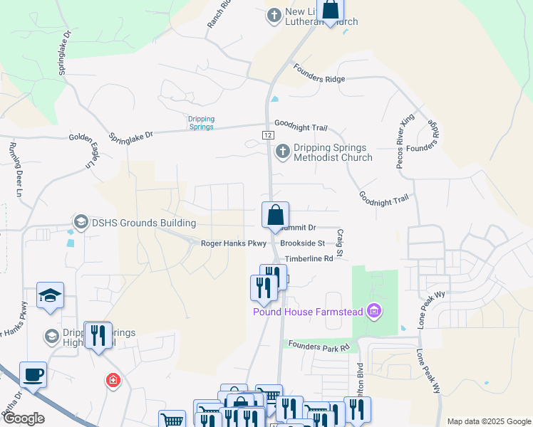 map of restaurants, bars, coffee shops, grocery stores, and more near 28515 Ranch Road 12 in Dripping Springs