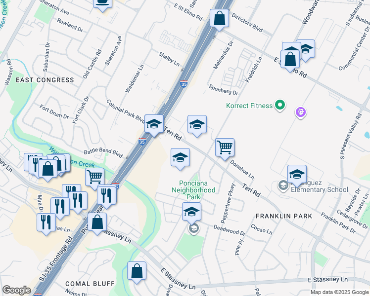 map of restaurants, bars, coffee shops, grocery stores, and more near 5015 South Interstate 35 Frontage Road in Austin