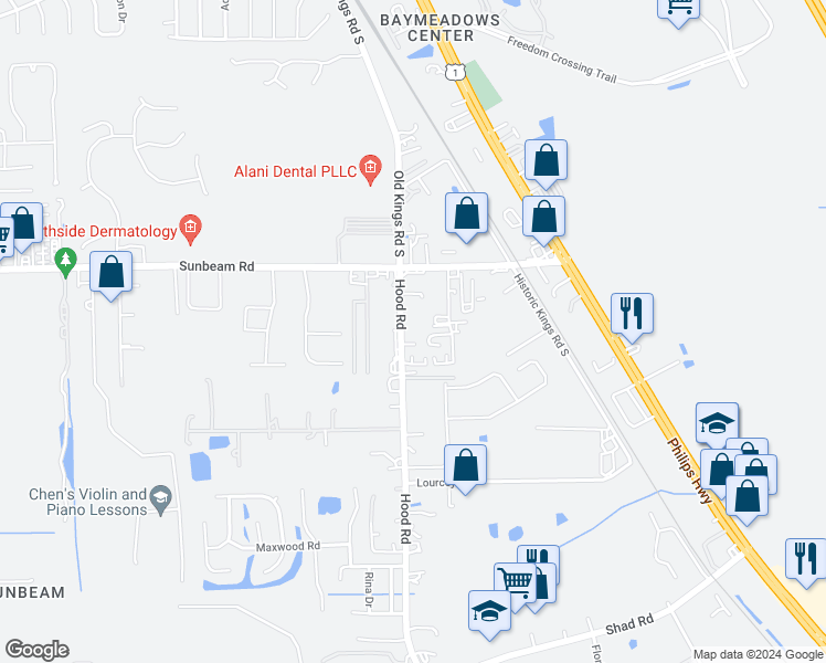 map of restaurants, bars, coffee shops, grocery stores, and more near 9605 Hood Road south in Jacksonville