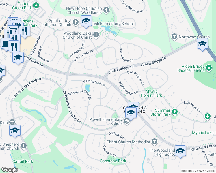 map of restaurants, bars, coffee shops, grocery stores, and more near 50 North Floral Leaf Circle in Spring