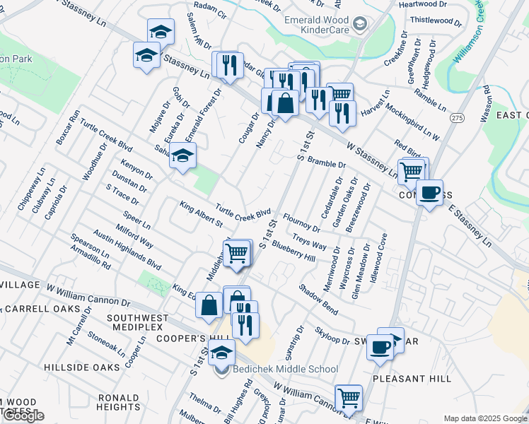 map of restaurants, bars, coffee shops, grocery stores, and more near 721 Turtle Creek Boulevard in Austin