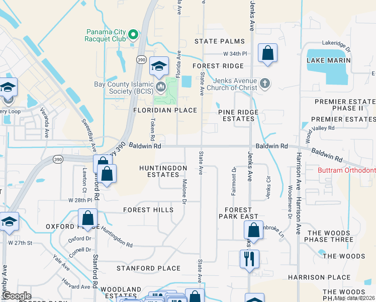 map of restaurants, bars, coffee shops, grocery stores, and more near 3026 Malone Drive in Panama City