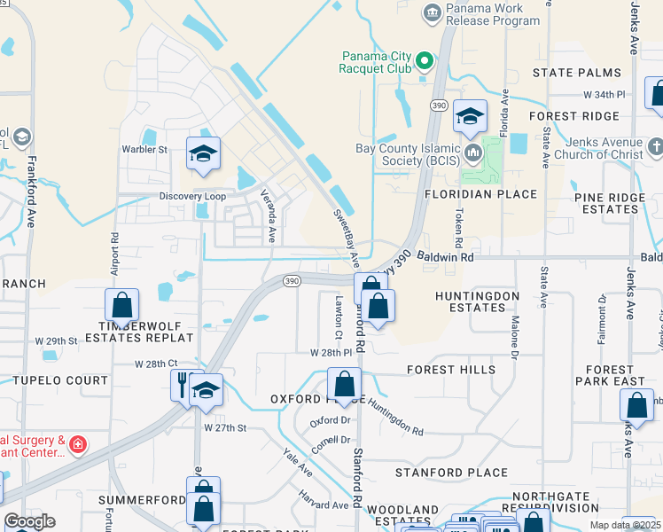 map of restaurants, bars, coffee shops, grocery stores, and more near 1113 Saint Andrews Boulevard in Panama City