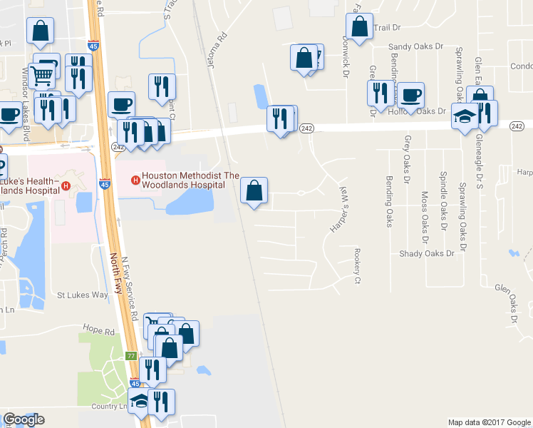 map of restaurants, bars, coffee shops, grocery stores, and more near 8120 Tranquil Lake Way in Conroe