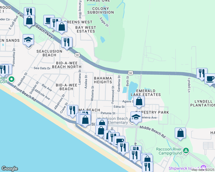 map of restaurants, bars, coffee shops, grocery stores, and more near 109 Evergreen Street in Panama City Beach