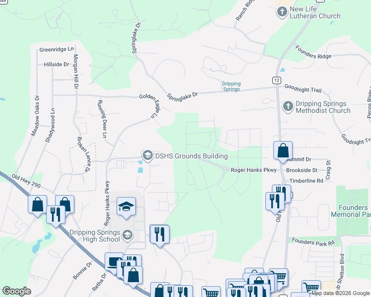 map of restaurants, bars, coffee shops, grocery stores, and more near Prairie Wolf Court in Dripping Springs
