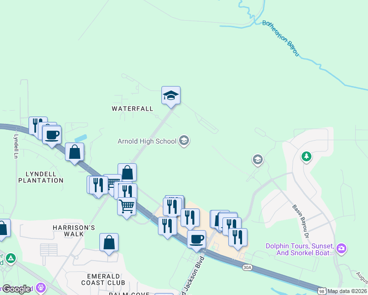 map of restaurants, bars, coffee shops, grocery stores, and more near 550 Alf Coleman Road in Panama City Beach