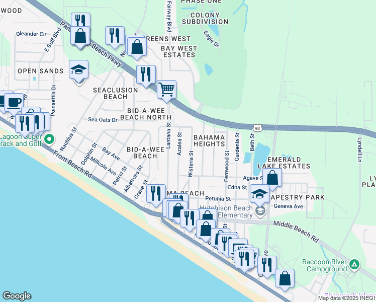 map of restaurants, bars, coffee shops, grocery stores, and more near 306 Wisteria Street in Panama City Beach