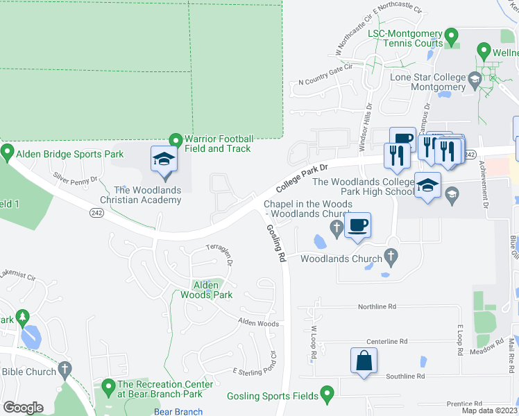 map of restaurants, bars, coffee shops, grocery stores, and more near 7755 Gosling Road in Spring
