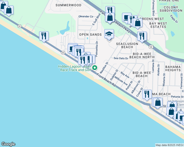 map of restaurants, bars, coffee shops, grocery stores, and more near 14415 Front Beach Road in Panama City Beach