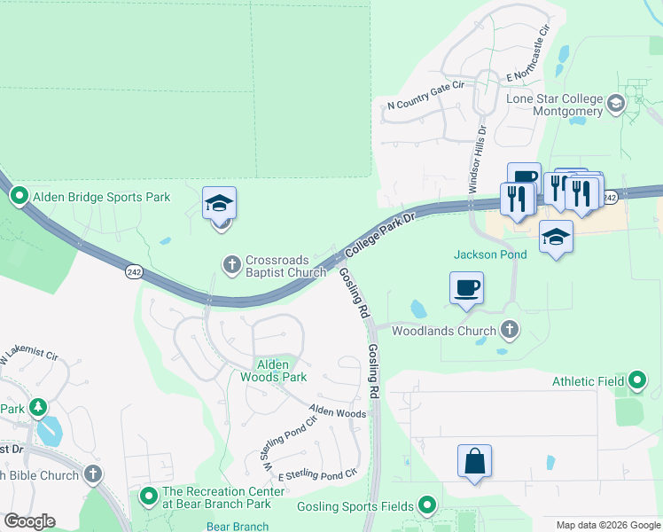 map of restaurants, bars, coffee shops, grocery stores, and more near College Park Drive in The Woodlands