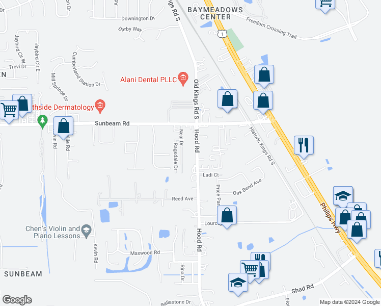 map of restaurants, bars, coffee shops, grocery stores, and more near 9605 Hood Road south in Jacksonville