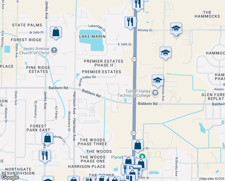 map of restaurants, bars, coffee shops, grocery stores, and more near 300 Baldwin Rowe Circle in Panama City