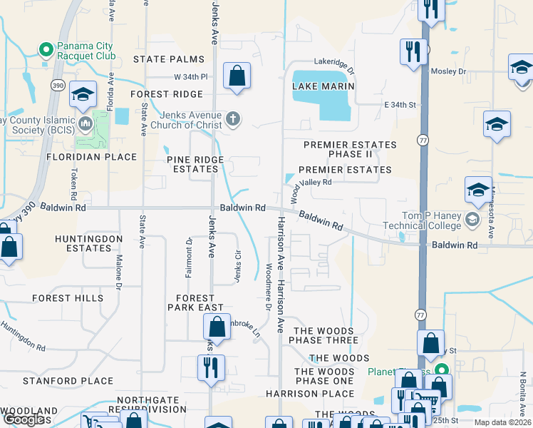 map of restaurants, bars, coffee shops, grocery stores, and more near 613 Harrison Avenue in Panama City