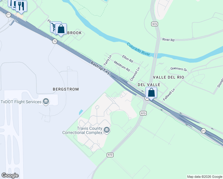 map of restaurants, bars, coffee shops, grocery stores, and more near 3080 East Highway 71 in Del Valle