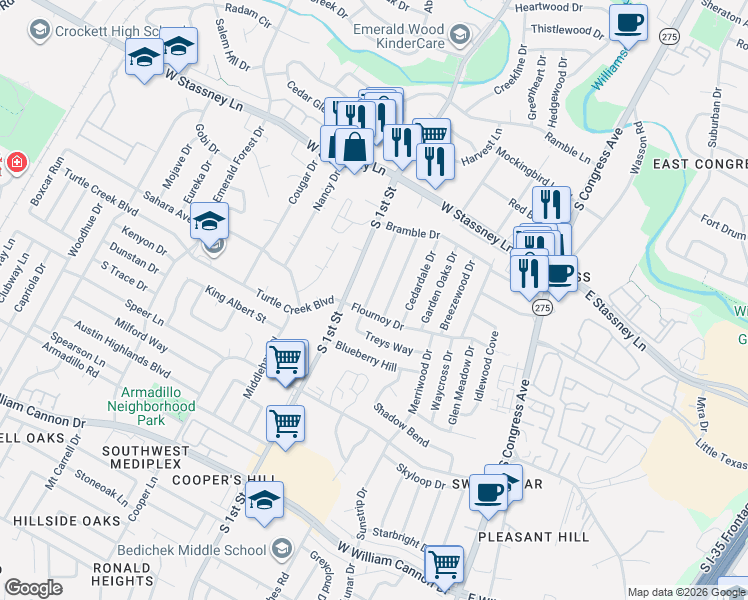 map of restaurants, bars, coffee shops, grocery stores, and more near 5900 Glenhollow Path in Austin