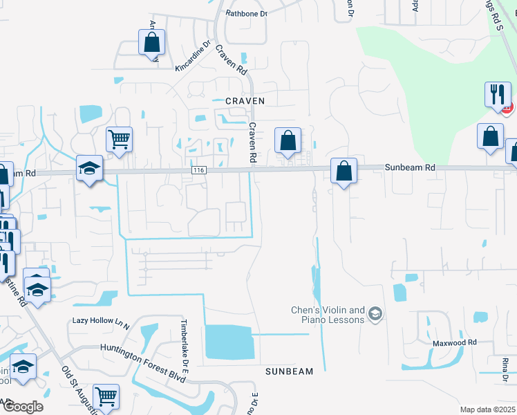 map of restaurants, bars, coffee shops, grocery stores, and more near 9548 Craven Road in Jacksonville