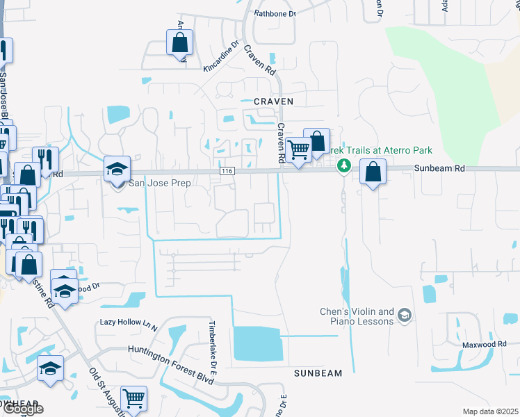 map of restaurants, bars, coffee shops, grocery stores, and more near 9575 Amarante Circle in Jacksonville