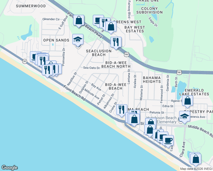 map of restaurants, bars, coffee shops, grocery stores, and more near 13905 Pelican St in Panama City