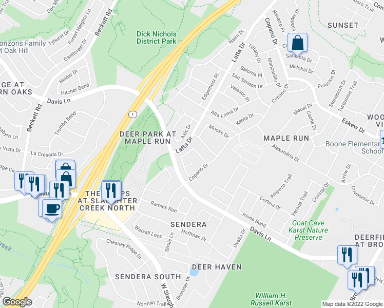 map of restaurants, bars, coffee shops, grocery stores, and more near 8651 Barrow Glen Loop in Austin