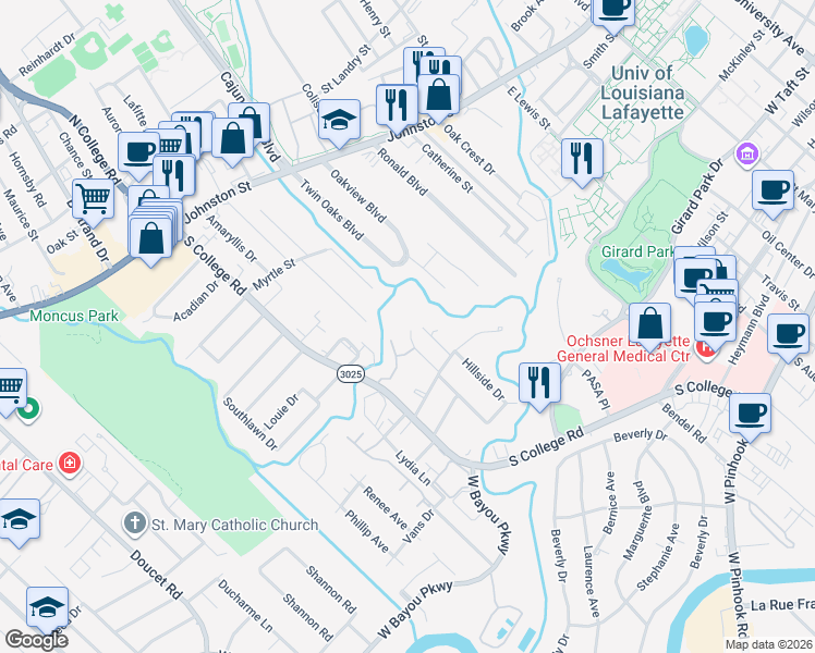 map of restaurants, bars, coffee shops, grocery stores, and more near 218 Irene Cir in Lafayette